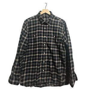 Muji Men’s Flannel Plaid Long Sleeve Button Up Shirt L  Cotton, Black/Gray
